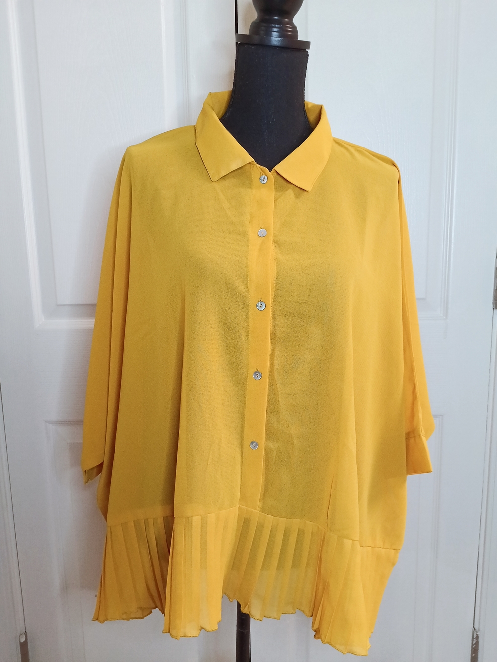 Pleated Hem Yellow Button-Down Blouse